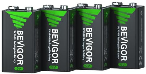 BEVIGOR Batterie Ricaricabili 9V, Batterie NiMH 9V Ad Alta Capacità, 4 Pezzi