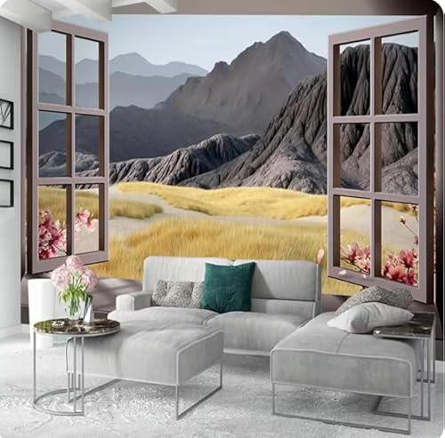 kfjhgbdshhj Papel tapiz con paisaje exterior, ventana, patrón de montaña, fotomural, 3D, 350 x 245 cm