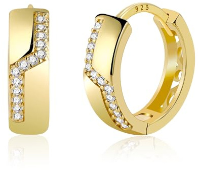 ALEXCRAFT Pendientes Aro Oro, Aros Pequeños Gruesos con Circonitas, Hipoalergénicos, Brillante, Minimalistas Pendiente Aro en Cartilage, Post Plata 925, Chapados 14K Oro, para Mujeres, Niñas y Hombres