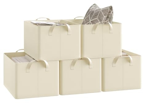 WOLTU Aufbewahrungsbox 5 Stück, mit Griffen, faltbar, Creme, 37x20x26 cm | aus Polyesterstoff, für Schlafzimmer, Arbeitszimmer, Wohnzimmer, für Kleidung Spielzeug, Organizer Box mit Griffen, faltbar,