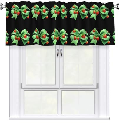 WHJSHOP Cortinas cortas con estampado de fresas y lazo verde con cenefa de 137 x 45 cm, filtran la luz, fácil instalación para cocina, baño, lavandería, estudio