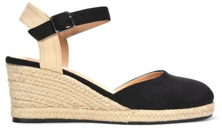 Women's Ankle Strap Wedge Ladies Platform Espadrille Black Closed Toe Buckle Shoes Size 5