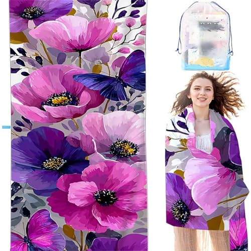BEIJUYHU Telo Mare Grande 60x120 cm Viola Telo Mare Microfibra Assorbente Antisabbia Asciugatura Rapida Uomo e Donna Regalo Stuoia Spiaggia Papavero per Piscina/Spiaggia/Picnic/Viaggi SYX7 2-W