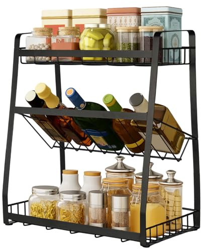 CROWNSHOP 3-Tier Spice Rack Free Standing Counter Spice Organiser Metal Seasoning Bottle Organizer for Kitchen Countertop Cupboard (Black Three Layer)