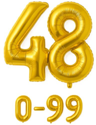 Luftballon 48 Gold | 80 cm Zahlenballon | Folienballon mit Luftröhrchen | Zahlenluftballon für Geburtstag, Jubiläum, Hochzeit, Party & Events | Helium oder Luft | Ballon Zahl | Geburtstagsdeko