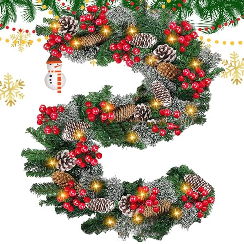 Renchey Guirnalda Navideña con Luces - Guirnalda Realista para Puerta - Centros de Mesa Artificiales con Luces para Interior y Exterior de Hogar