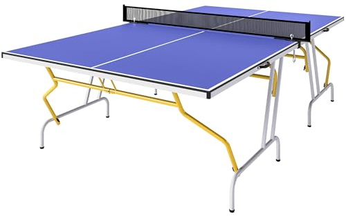 SPORTNOW 9FT Foldable Table Tennis Table, Fold Into Quarters, Indoor Portable Full Size Ping Pong Table with Cover, Net, Paddles, Balls, Blue