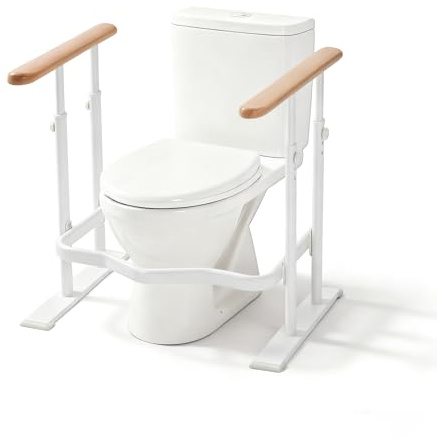 PXNTLA Supporto WC per Anziani Doppio Pilastro, 3 Livelli Altezza 61–66,5 cm, Braccioli in Legno, Base Luminescente e Impermeabile, Carico 181 kg, Corrimano Sicurezza per Tutti i WC