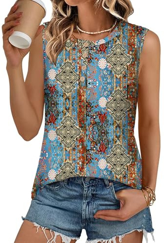 LOMON Women's Crew Neck Tank Top with Buttons Retro Ethnic Print S