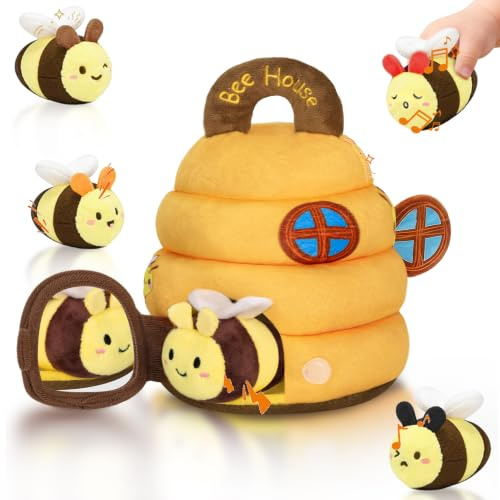 Baby Spielzeug 6-12 Monate,6-in-1 Baby Bienenstock mit 5 Bienen, Montessori Sensorik Spielzeug mit Musik, Rassel, Spiegel, Motorikspielzeug Sensorik Spielzeug Geschenke für Kinder Jungen Mädchen