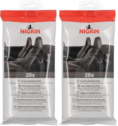 NIGRIN Lederpflege-Tücher, reinigt, pflegt und schützt alle Lederoberflächen im Fahrzeug-Innenraum, im praktischen Frische-Pack, weiß, 20 Stück (Packung mit 2)