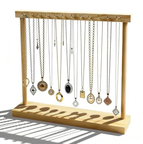 RTSHUK Kettenständer Schmuck, Schreibtisch Schmuckständer Holz Tragbar Armbandhalter mit 12 Haken Ketten Aufbewahrung Schmuckaufbewahrung Holz Schmuckhalter Kettenhalter für Ketten Ohrringe