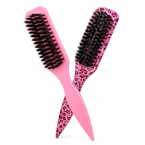 2 Pack Slick Back Hair Brush for Flyaways, Parting,Ponytails Buns 23 x 9 cm | Pink Hair Styling Brush with Rat Tail Comb, Smoothing Brush Solid Wood Boar Bristles Smoothing Hair Brush Sleek Hair Brush