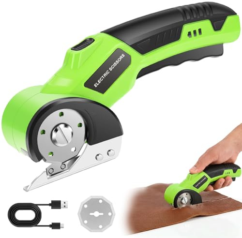 Rechargeable Cardboard Cutter, Cordless Electric Scissors, 4.2V Electric Box Cutter for Cardboard, Safety Lock and LED Light, Powerful Cutting for Carton Carpet Plastic Fabric Leather (Green+1 Blade)