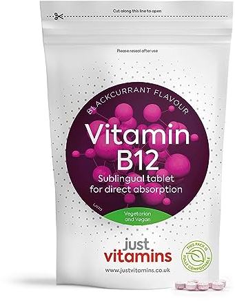 Vitamin B12 High Strength 1000mcg | 180 Vegan Tablets | Supports Energy, Metabolism & Reduces Fatigue | Blackcurrant Flavoured Sublingual Tablets | UK Made - Just Vitamins