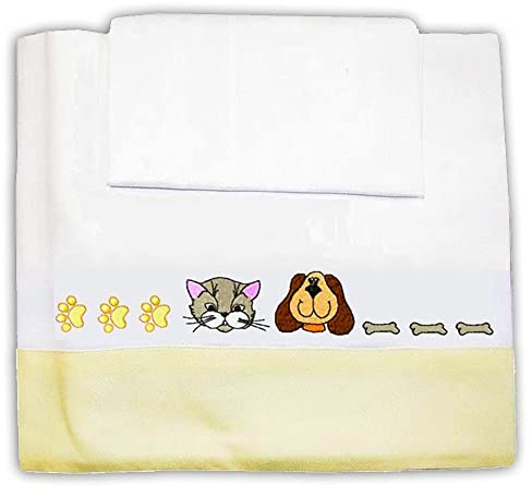 Zigozago - 3-teiliges Baby Bettwäsche Komplett Set Katze & Hund; 100% Baumwolle, handgefertigt; Größe: Kleines Bett 110 x 140 cm; Farbe: Gelb