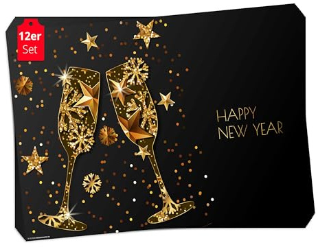Tischsets I Platzsets - Silvester - Happy NEW Year - Sektgläser beim Anstoßen vor Goldener Winterdeko - 12 Stück in Mappe - Die besondere Tischdekoration für die Silvesterfeier