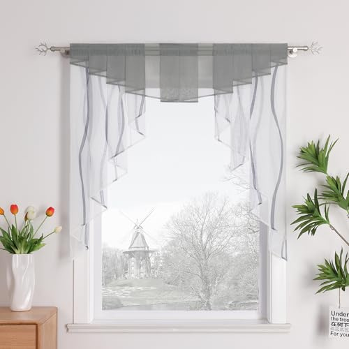 HongYa Tunnelzug Scheibengardine transparenter Voile Kurzgardine für Kleinfenster H/B 100/100 cm Weiß Silber