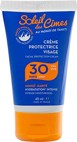 SOLEIL DES CIMES | Crème Solaire Protectrice Visage SPF30 - pour le Ski, les Sports d'Hiver et la Montagne - au Monoï de Tahiti et au Karité - Protection et hydratation - Format voyage 40 ml