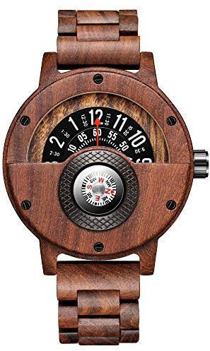GORBEN Reloj de cuarzo de madera natural para hombre con brújula, hecho a mano, ligero, con caja de regalo, pulsera