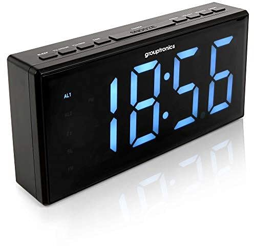 Grouptronics Large Digital Alarm Clock Radio - Mains Powered, 9 Large Display Clock, Bedside or Kitchen, Non Ticking, Dual Alarm, Brightness Control, Battery Back-Up - Black