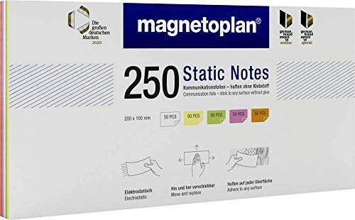 magnetoplan Static Notes, 250 Stk., farbig sortiert | BxH 200x100 mm | Elektrostatische Haftnotizen für Moderation & Präsentatio