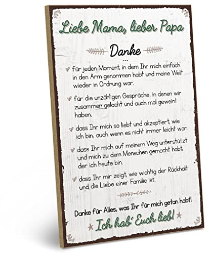 ARTFAVES® Wandbild Holzschild mit Spruch - DANKE liebe MAMA, lieber PAPA - Türschild Retro Vintage Deko Bild Geschenk - Mutter, Vater, Dankbarkeit