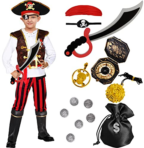 Tacobear Piratenkostüm Kinder Jungen mit Piraten Zubehör Set Piraten Hut Augenklappe Kompass Geldbeutel Ohrring Piraten Kapitän Karneval Kostüm für Kinder Jungen 4 5 6 7 8 9 10 Ans