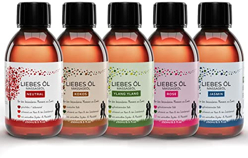 MakeLove Massageöl Set 5 x 250ml - Liebesöl für Erotische Partnermassage | Neutral, Rose, Jasmin, Ylang Ylang & Kokos. Hautfreundliches Erotik-Öl sowie Gleitöl zur Tantra-Anwendung zu zweit