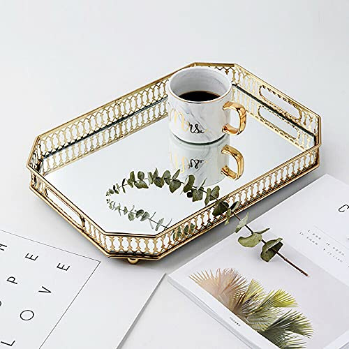 Kosmetiktablett Gold, Vintage Spiegeltablett Make-up Schmuck Organizer Verspiegelt Metall Deko Tablett für Kommode Badezimme (Rechteck)
