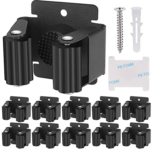 Hejo 10 Pack Mop Broom Holder, Heavy Duty Brush Holder Wall Mounted, Stainless Steel Mop and Brooms Holders Storage Rack Brush Organiser Tidy Clamp for Garden Garage Bathroom(Black)