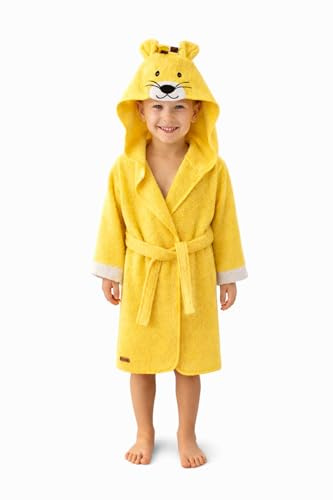 ELY PARKER Albornoz para Niño, Tela de Toalla de Algodón Turco, con Capucha, León, Amarillo (7-8 Años) Súper Suave, Absorbente, Cómodo, Grueso
