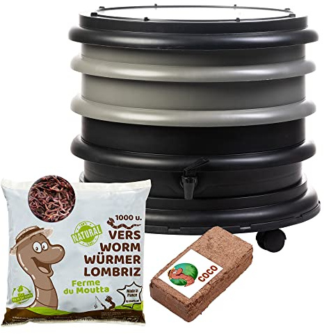 WORMbox | Wurmkomposter Wurmfarm Wurmkiste mit 2 Schalen Grau + 500g Kompostwürmer / 1000 STK + 1 Coco | 32 Liter | Regenwurmkomposter, Kompostwürmer produzieren Wurmhumus