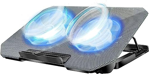 Laptop Cooling Pad, Cooler Pad Chill Mat 2 Quiet Fans LED Lights and 2 USB Ports 5 Height & with Adjustable Speed Mounts Metal Mesh Design, for 9-17 Laptops（Silver）