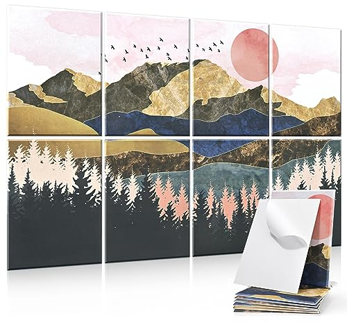 Yrendenge 8 Stück Akustikplatten, Selbstklebend Schalldichte Akustikpaneele, Hoher Dichte Akustik Panel Schalldämmung Wand Panel,30x40x0.9cm Schallabsorber Wand Büro Wanddekoration(Berge Bäume)