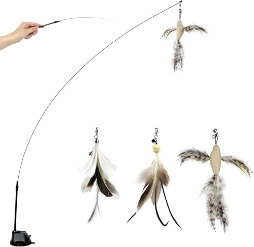 TTcat Cat Wand Toys with Suction Cup, Interactive Bird Simulation Cat Toy Set,Cat Teaser Cat Toys,Flexible Steel Wire and 3Pcs Replacement Feather Refills with Bells.