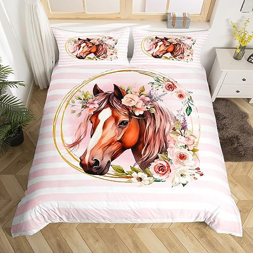 Manfei Floral Horse Duvet Cover Set Single Size, Watercolor Flower Bedding Set 2pcs for Kids Boys Girls Bedroom Decor, Pink Stripes Print Comforter Cover Animal Theme Quilt Cover with 1 Pillowcase