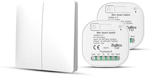 Funkschalter Set - ZigBee+RF Funk und Wandschalter Lichtschalter mit Empfänger - 30M Reichweite Drahtlos Kinetischer Batterieloser neu | 2-Kanal/1-2er-Schalter