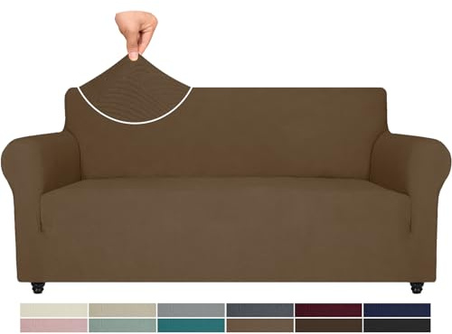 Ystyle Weicher Elastisch Sofabezug 3 Sitzer, Braun | Sofaschoner Rutschfest, Universaler Couch Überzug mit Armlehnen, Moderne Sofa Cover, Waschbarer Sofahusse für Wohnzimmer