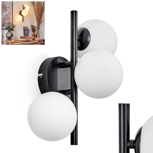 Wandleuchte Chehalis, Wandlampe aus Metall/Glas in Schwarz/Weiß, Leuchte im modernen Retro/Vintage-Design mit Schirmen aus Glas (Ø 10 cm) u. An/-Auschalter am Gehäuse, 3 x G9, ohne Leuchtmittel