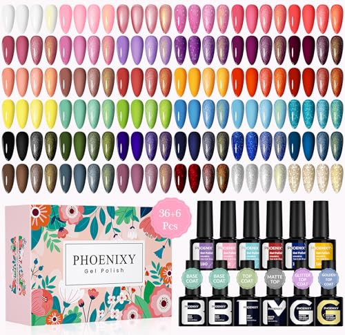 Phoenixy 42PCS Gel Nail Polish - 36 Colours UV Soak-off Gel Nail Polish Set