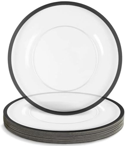 Decorline Elegante transparente und schwarze Platzteller, 33 cm, robuste Kunststoffteller, perfekt für gehobene Anlässe, Hochzeiten und Geburtstage, 8 Stück
