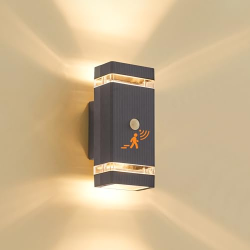LMP Up Down Outdoor Wall Lights PIR, Motion Sensor Outside Lights Mains Powered, IP65 Square Porch Front Door Light Electric, External Modern GU10 LED Exterior Lighting for House, Anthracite Grey