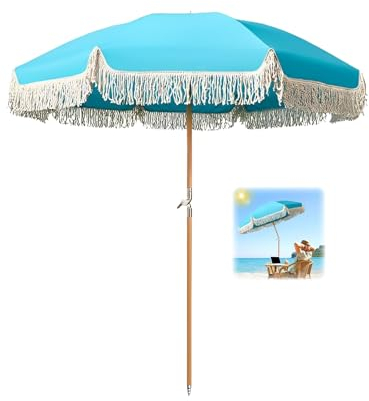 ELZEM Blau Strandschirm Mit Quasten 180cm Gartenschirm Neigbar Sonnenschirm Uv Schutz Balkonschirm Wasserdicht Terrassenschirm Mit Tragetasche Für Garten Terrasse Pool Balkon/8 Rippen