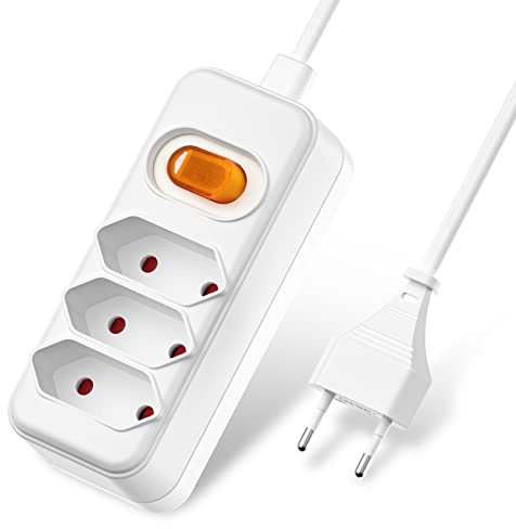 Steckdosenleiste 3-Fach, Steckdosenleiste mit Schalter, Flachlochsteckdose mit 2M Kabel,1 bis 3 Eurosteckdosenleiste für Heim and Büro, 625W, 250 V/2,5A, Weiß