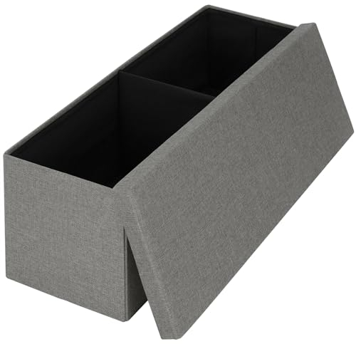 Klihome Sitzbank mit Stauraum 117L, Sitzbox mit Deckel 110X37.5 cm, Sitztruhe Sitzhocker faltbar aus Leinen, Aufbewahrungstruhe Polsterbank Fußbank Sitzkiste Sofa Bett, Dunkelgrau