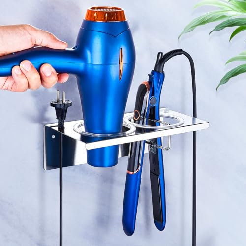 YAYINLI Hair Dryer Holders and Straighteners Holder Wall Mount, 304 Stainless Steel Hair Straightener Holder Station, Adhesive or Drilling Curling Iron Holder, Blow Dryer Holder Hair Tools Organiser