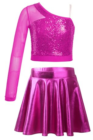 Agoky Mädchen Pailletten Crop Top und Metallic Sport Skater Rock Hip Hop Jazz Tanz Kleid 2 Teillig Outfits Cheerleading Uniformen Wettbewerb Bühne Hot Pink 158-164