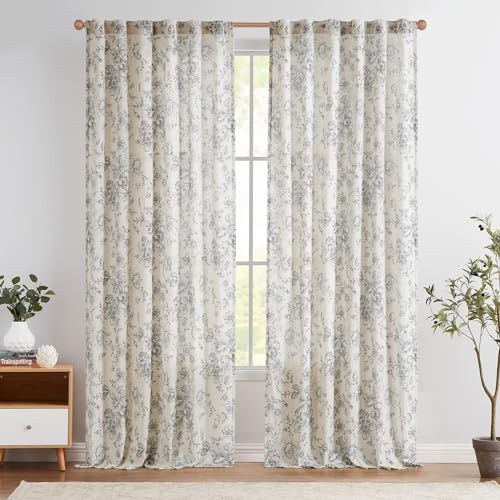 TOPICK Floral Gardinen Leinenoptik Vorhänge 2er Set H225xB140 Grau Beige | Lichtdurchlässig Gardinen Wohnzimmer boho landhausstil blickdicht Vorhänge Schlafzimmer mit Tunnel und verdeckten schlaufen