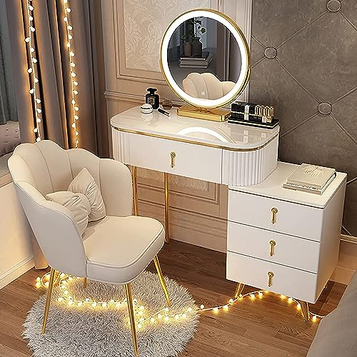 Schminktisch，Frisiertisch mit LED-beleuchtetem Spiegel, gepolstertem Hocker und Beistellschrank, Schminktisch, Kommode, Make-up-Set, goldene Edelstahlbeine (Farbe: Grau-100 cm/39,3 Zoll) (We
